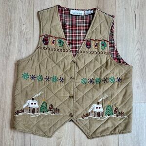 VTG Casey & Max M Women Vest Embroidered Mittens Plaid Lining Corduroy Christmas